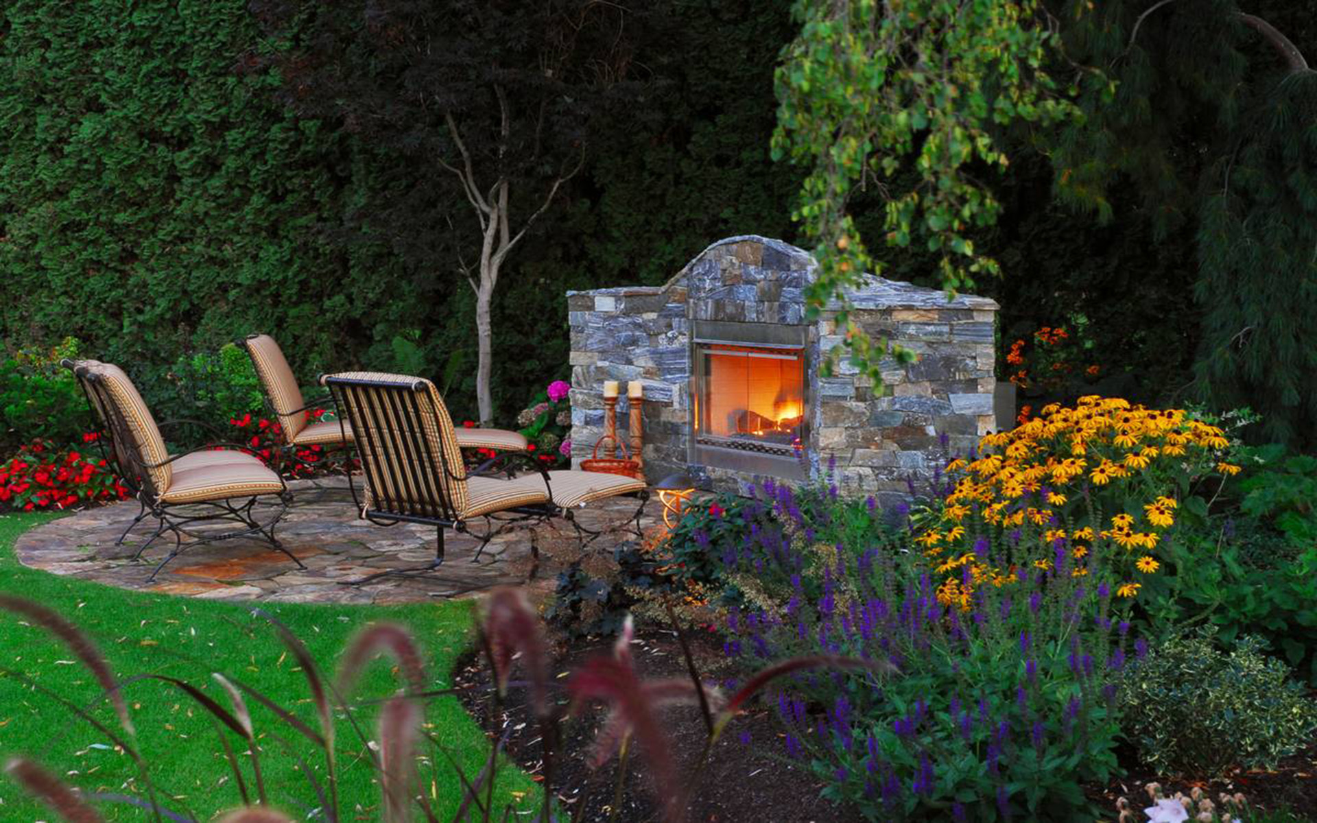 Who we are and what we do Seating with fireplace - landscape gardeners Nanaimo, British Columbia