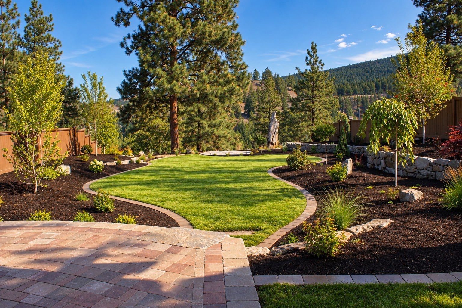 Residential landscaping with lawn, garden beds, paver patio and stonework